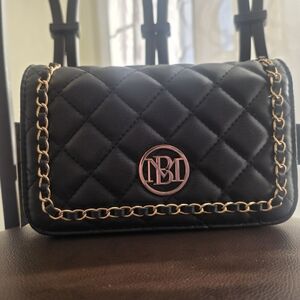 NWT Badgley Mischka Black Quilted Clutch with Gold Chain